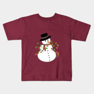 Cartoon Snowman with Christmas Lights Kids T-Shirt